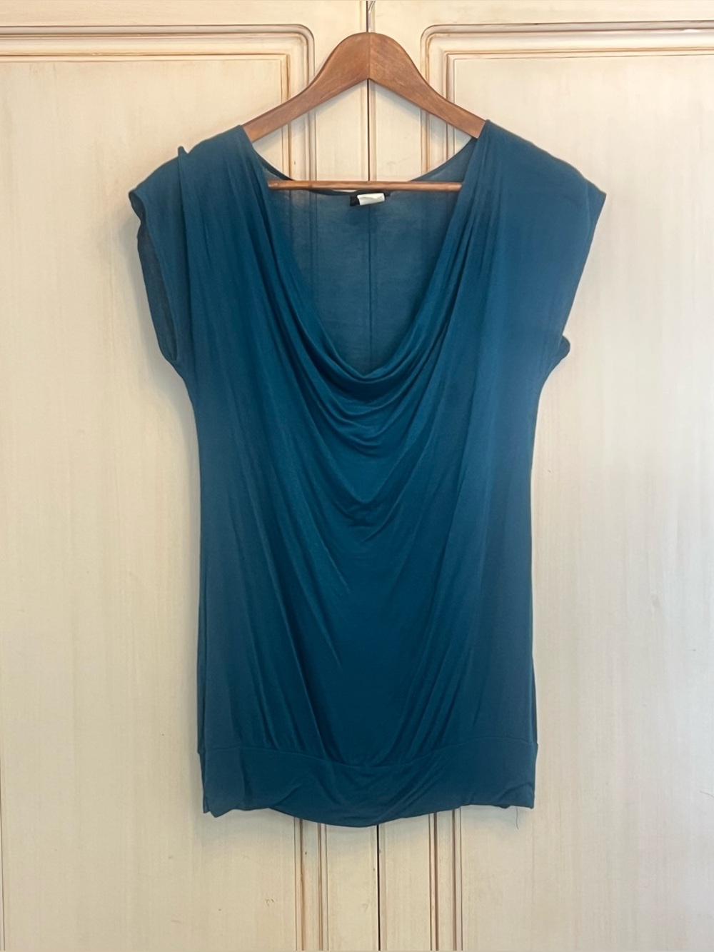 VTG JKLA California Cowl Neck Top Small Teal Blue Slinky Drape Y2K Office Siren